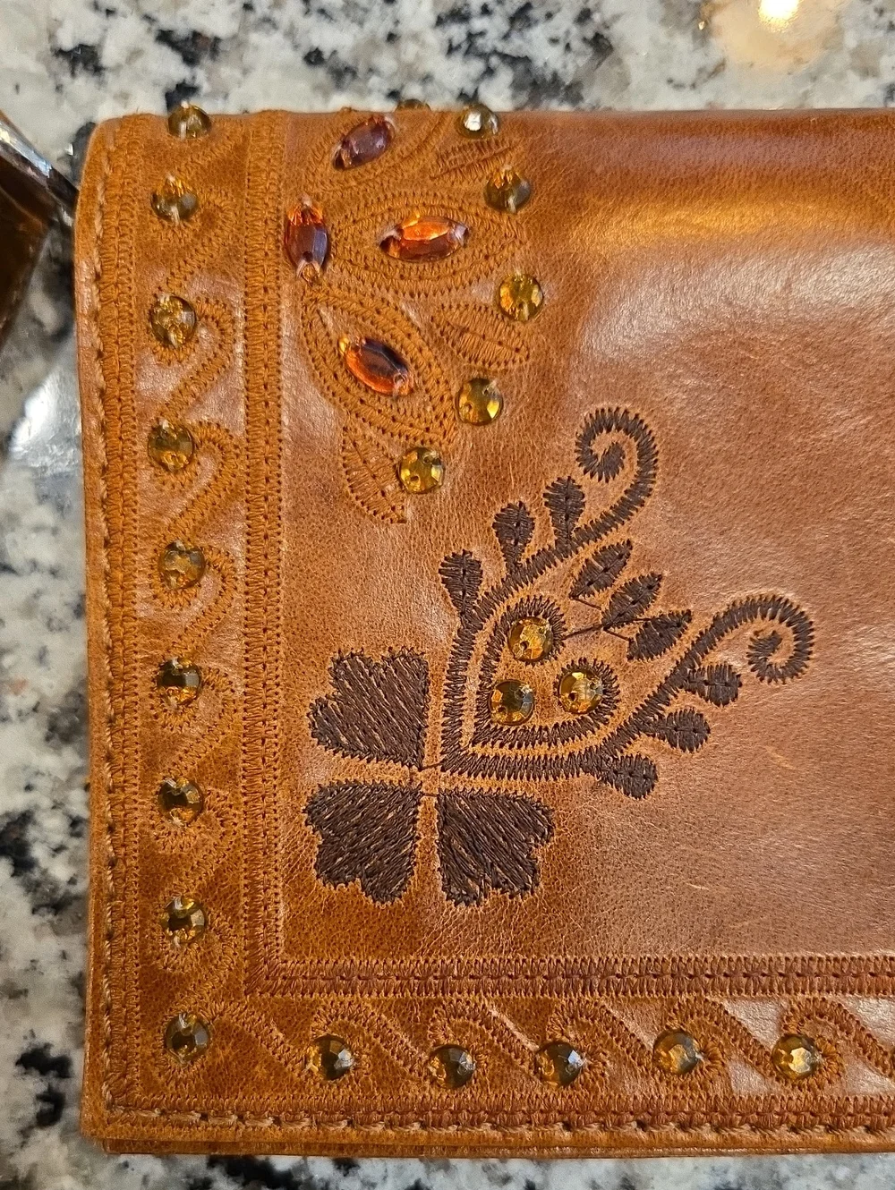 WILSON'S LEATHER VTG Y2K LEATHER COGNAC CLUTCH SHOULDER BAG.  EMBROIDERY/ GEMS.